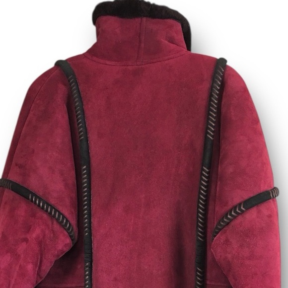 Spolek Luxury Real Lamb Shearling Coat Burgundy/Black Shawl Collar Jacket Sz L - Picture 8 of 11